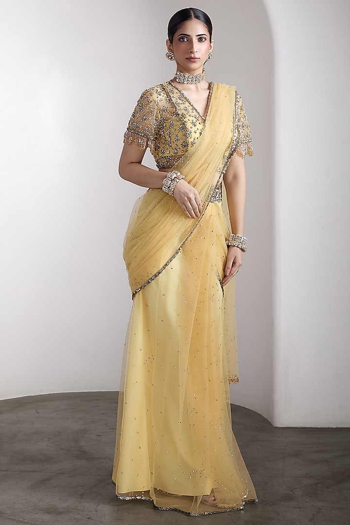 Yellow Net Sequins Work Draped Reception Saree Set by Rocky Star at Pernia's Pop Up Shop
