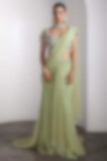 Green Net Sequins Work Draped Reception Saree Set by Rocky Star at Pernia's Pop Up Shop