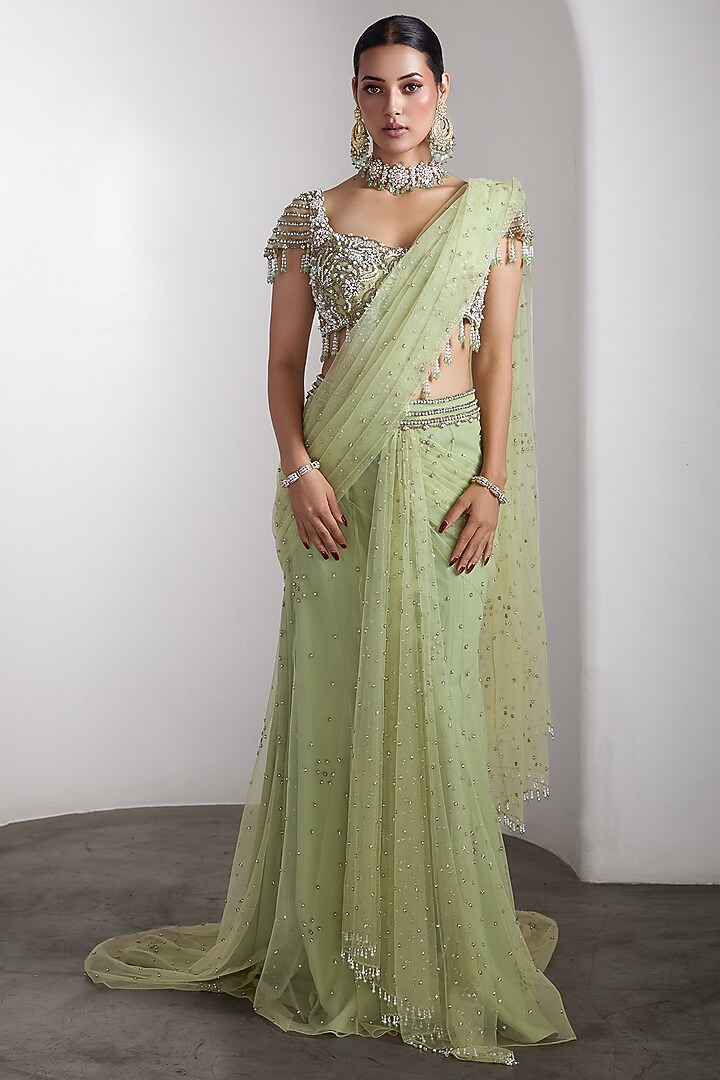 Green Net Sequins Work Draped Reception Saree Set by Rocky Star at Pernia's Pop Up Shop