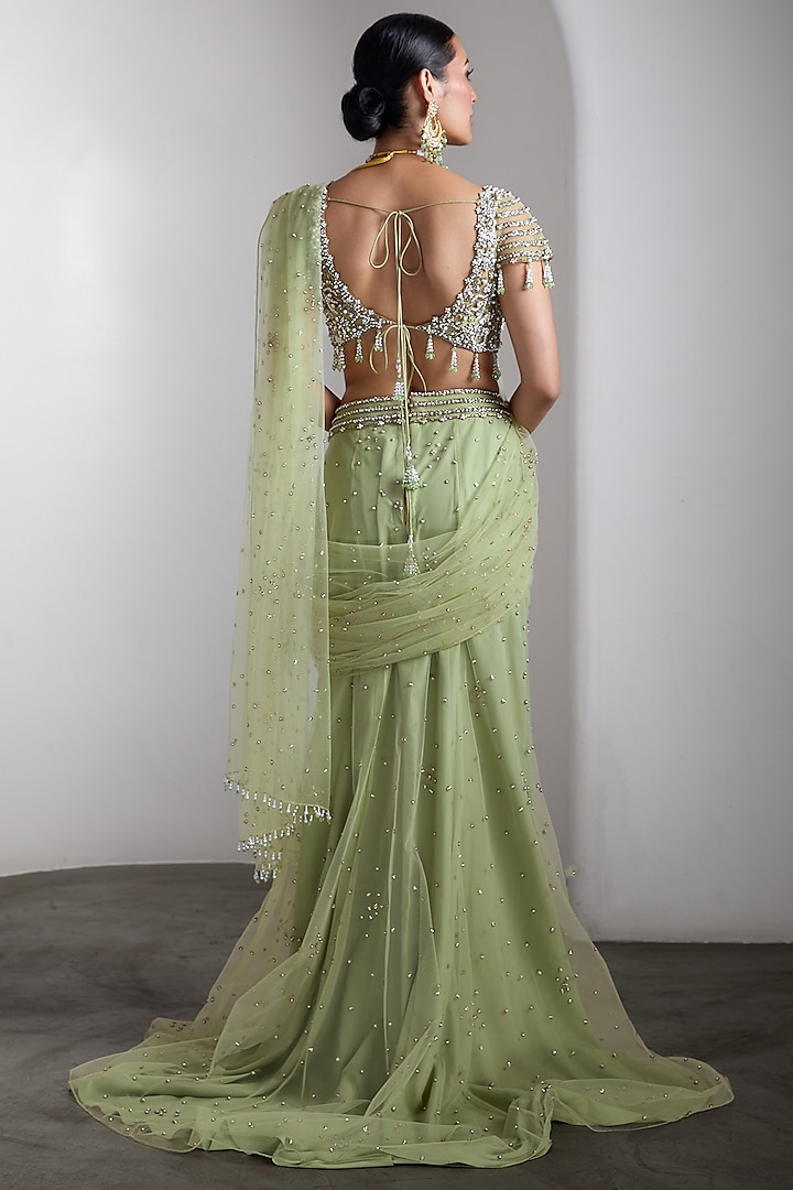 Green Net Sequins Work Draped Reception Saree Set by Rocky Star at Pernia's Pop Up Shop