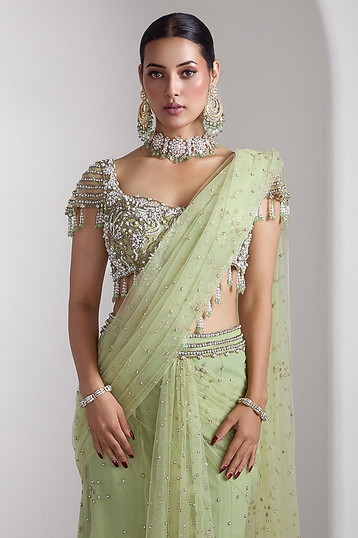 Green Net Sequins Work Draped Reception Saree Set by Rocky Star at Pernia's Pop Up Shop