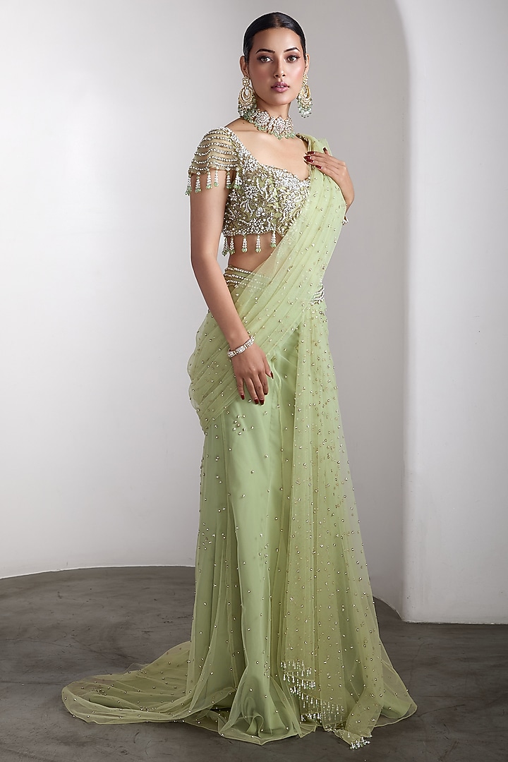 Green Net Sequins Work Draped Reception Saree Set by Rocky Star at Pernia's Pop Up Shop