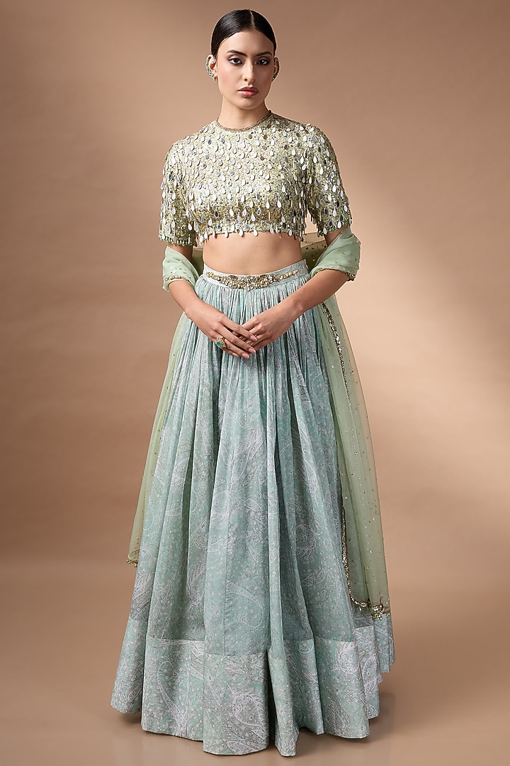 Green Raw Silk Printed Wedding Lehenga Set by Rocky Star at Pernia's Pop Up Shop