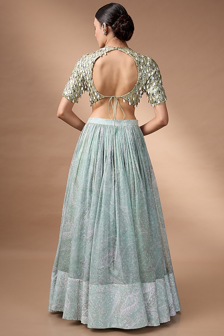 Green Raw Silk Printed Wedding Lehenga Set by Rocky Star at Pernia's Pop Up Shop