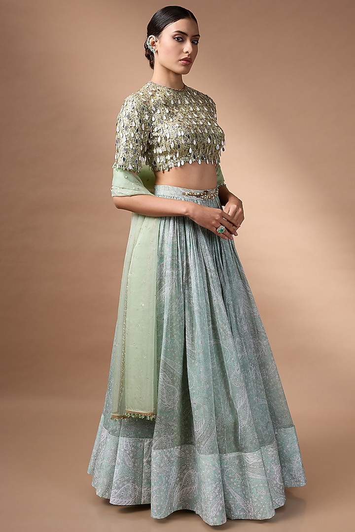 Green Raw Silk Printed Wedding Lehenga Set by Rocky Star at Pernia's Pop Up Shop
