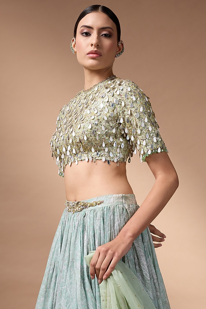 Green Raw Silk Printed Wedding Lehenga Set by Rocky Star at Pernia's Pop Up Shop