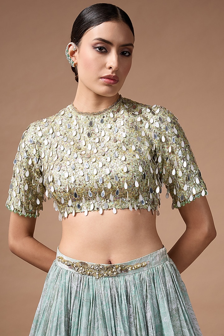 Green Raw Silk Printed Wedding Lehenga Set by Rocky Star at Pernia's Pop Up Shop