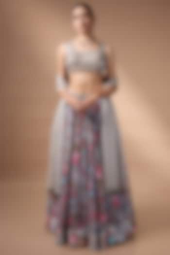 Grey Soft Organza Floral Printed Wedding Lehenga Set by Rocky Star at Pernia's Pop Up Shop
