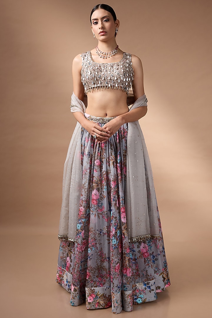 Grey Soft Organza Floral Printed Wedding Lehenga Set by Rocky Star at Pernia's Pop Up Shop