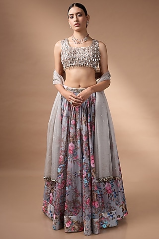 Grey Soft Organza Floral Printed Lehenga Set by Rocky Star