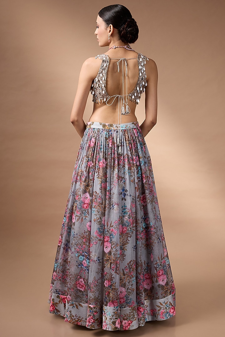 Grey Soft Organza Floral Printed Wedding Lehenga Set by Rocky Star at Pernia's Pop Up Shop
