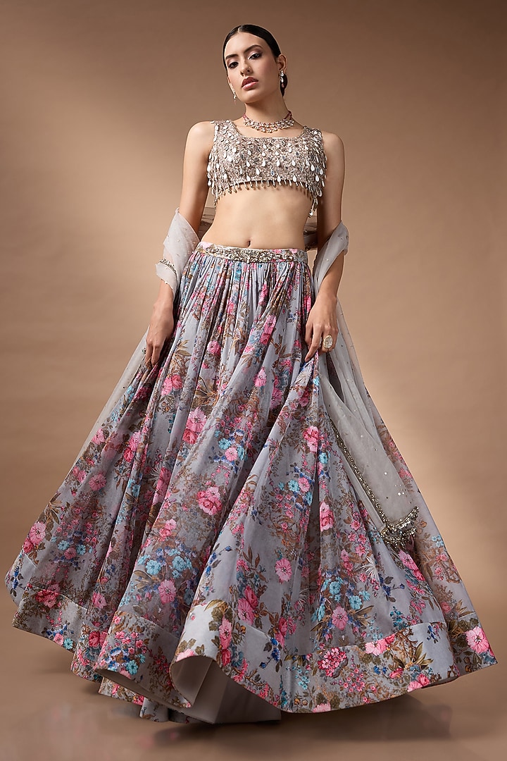 Grey Soft Organza Floral Printed Wedding Lehenga Set by Rocky Star at Pernia's Pop Up Shop