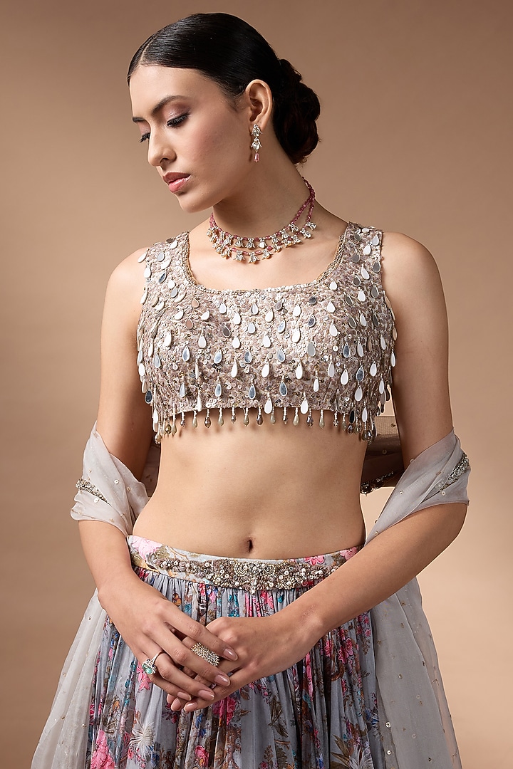 Grey Soft Organza Floral Printed Wedding Lehenga Set by Rocky Star at Pernia's Pop Up Shop