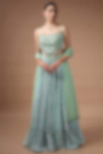 Green Raw Silk Printed Wedding Lehenga Set by Rocky Star at Pernia's Pop Up Shop