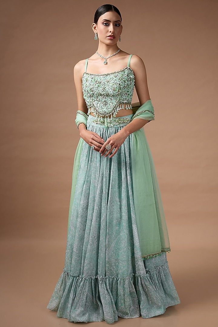 Green Raw Silk Printed Wedding Lehenga Set by Rocky Star at Pernia's Pop Up Shop