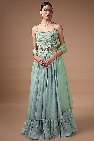 Green Raw Silk Printed Lehenga Set by Rocky Star