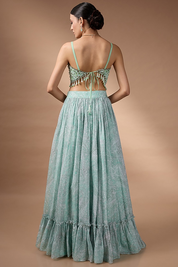 Green Raw Silk Printed Wedding Lehenga Set by Rocky Star at Pernia's Pop Up Shop