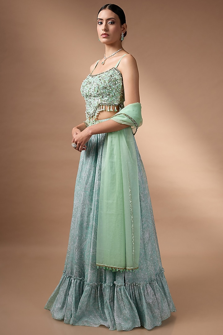 Green Raw Silk Printed Wedding Lehenga Set by Rocky Star at Pernia's Pop Up Shop