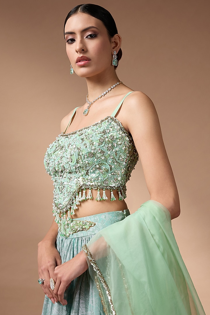 Green Raw Silk Printed Wedding Lehenga Set by Rocky Star at Pernia's Pop Up Shop