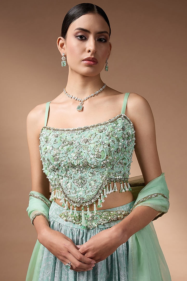 Green Raw Silk Printed Wedding Lehenga Set by Rocky Star at Pernia's Pop Up Shop