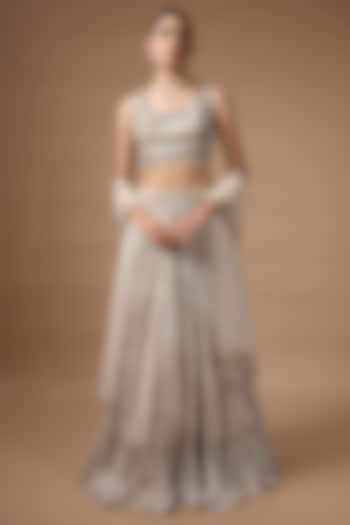 Light Grey Raw Silk Printed Wedding Lehenga Set by Rocky Star at Pernia's Pop Up Shop