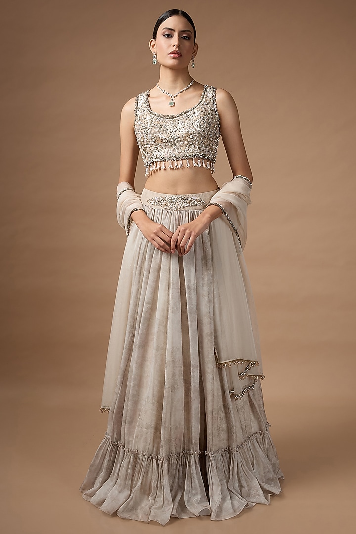 Light Grey Raw Silk Printed Wedding Lehenga Set by Rocky Star at Pernia's Pop Up Shop