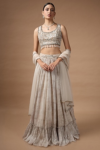 Light Grey Raw Silk Printed Lehenga Set by Rocky Star