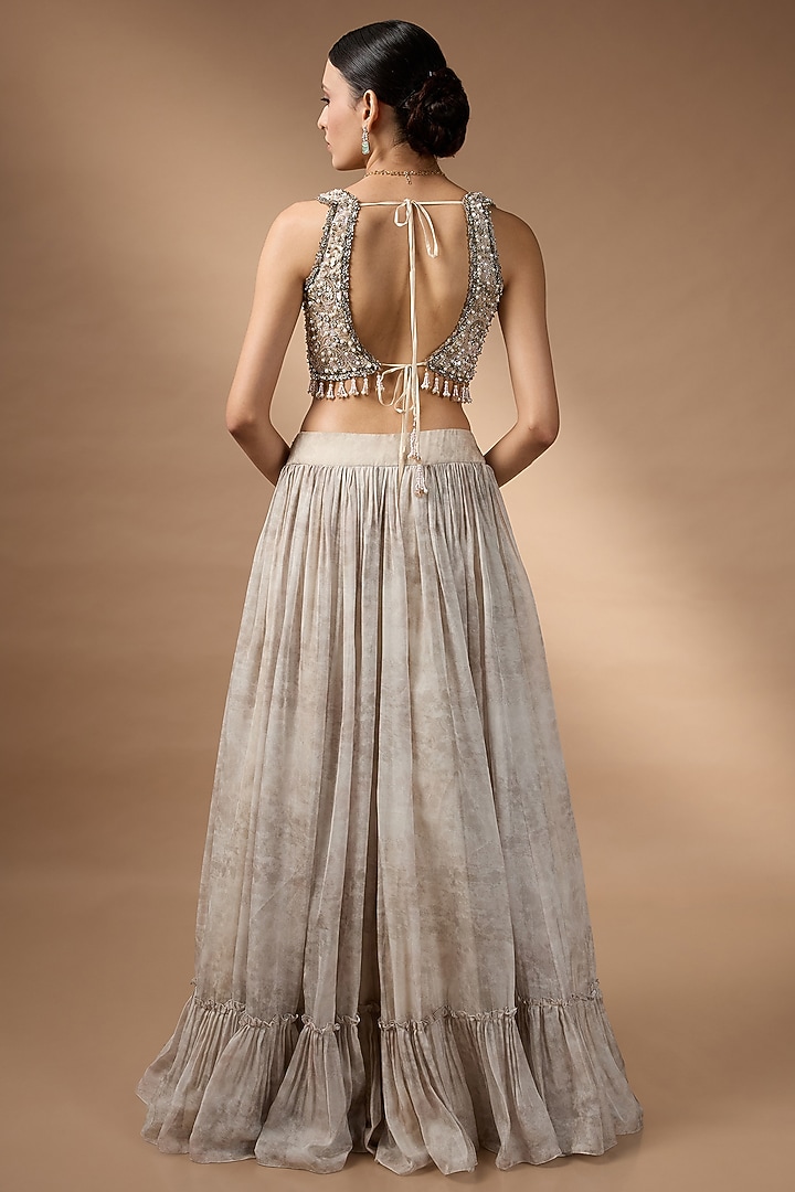Light Grey Raw Silk Printed Wedding Lehenga Set by Rocky Star at Pernia's Pop Up Shop