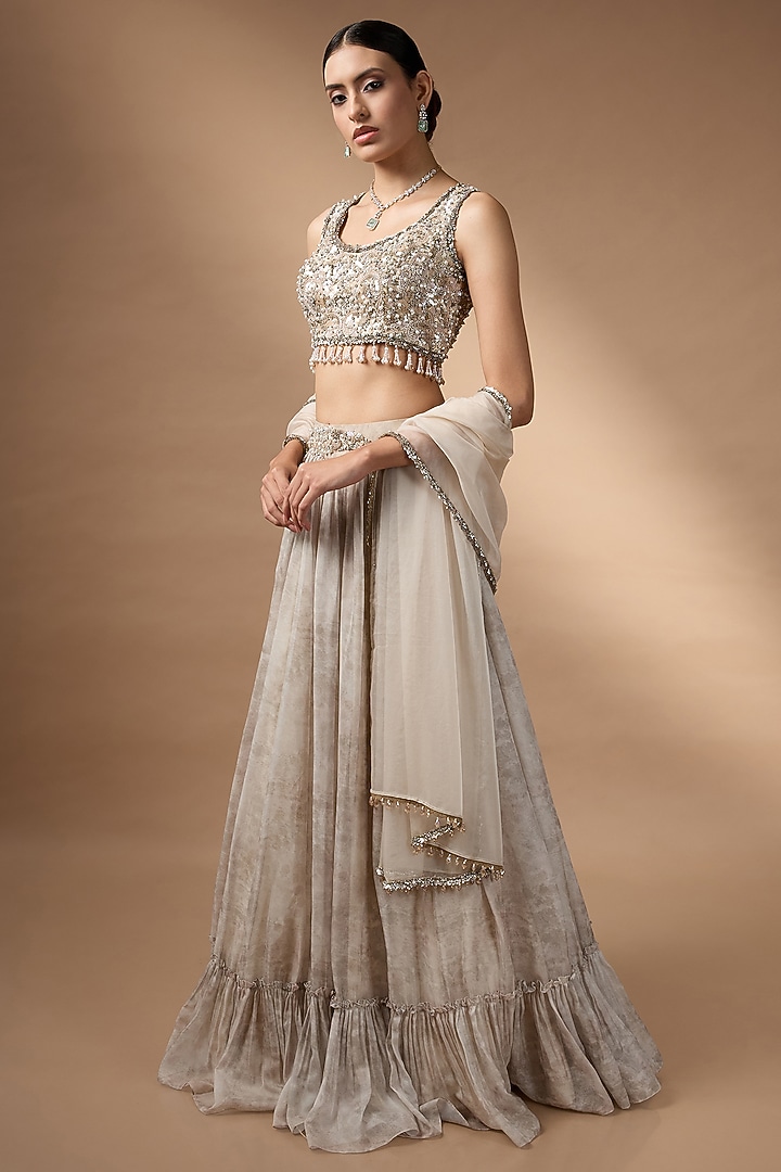 Light Grey Raw Silk Printed Wedding Lehenga Set by Rocky Star at Pernia's Pop Up Shop