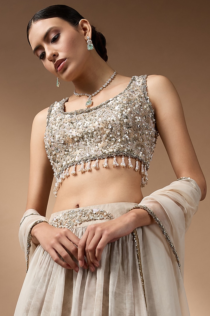 Light Grey Raw Silk Printed Wedding Lehenga Set by Rocky Star at Pernia's Pop Up Shop