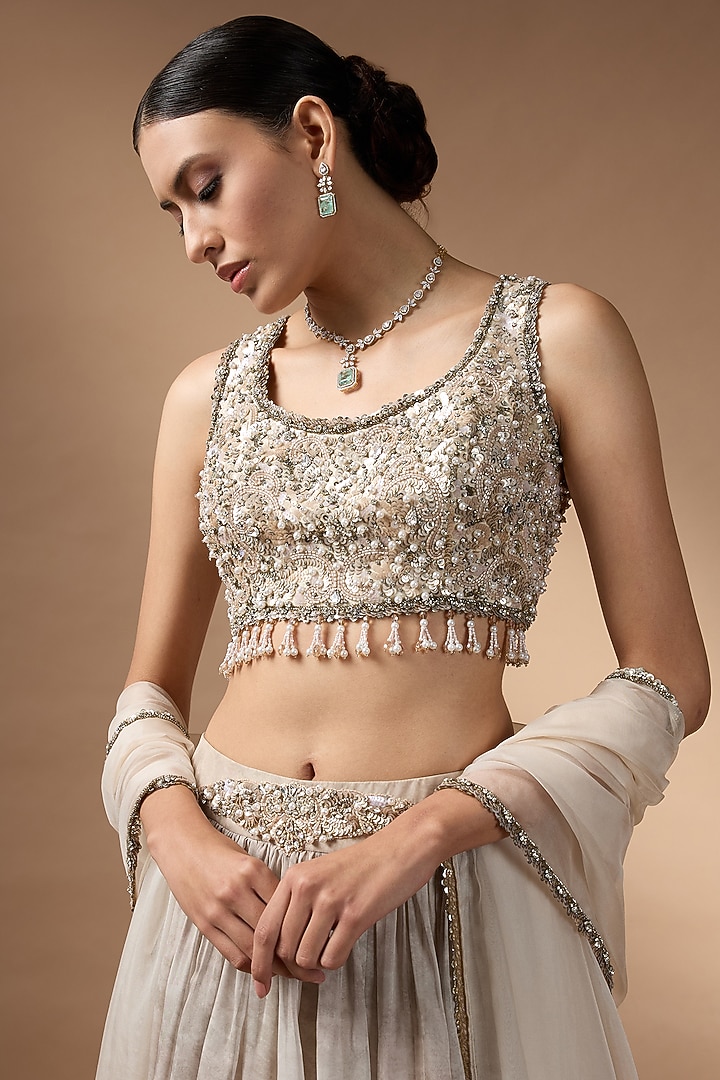Light Grey Raw Silk Printed Wedding Lehenga Set by Rocky Star at Pernia's Pop Up Shop