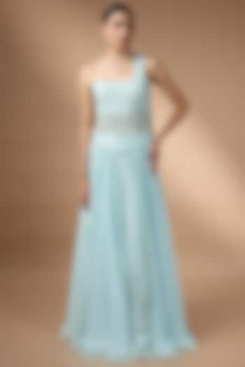 Blue Metallic Georgette Embroidered Pleated Skirt Set by Rocky Star at Pernia's Pop Up Shop