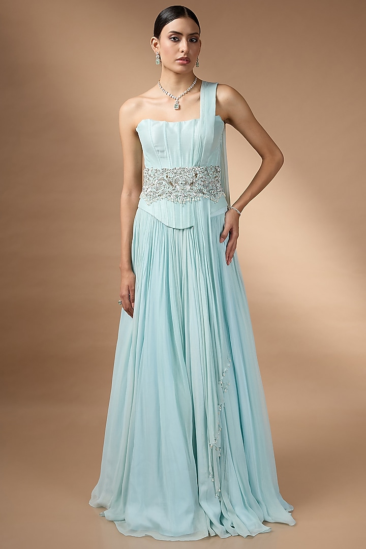 Blue Metallic Georgette Embroidered Pleated Skirt Set by Rocky Star at Pernia's Pop Up Shop