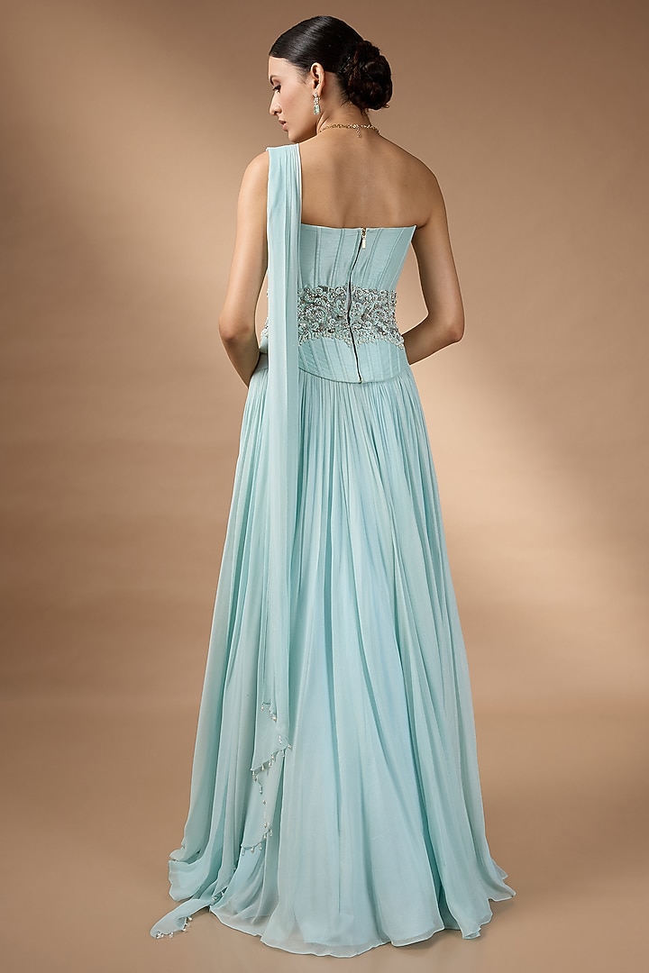 Blue Metallic Georgette Embroidered Pleated Skirt Set by Rocky Star at Pernia's Pop Up Shop