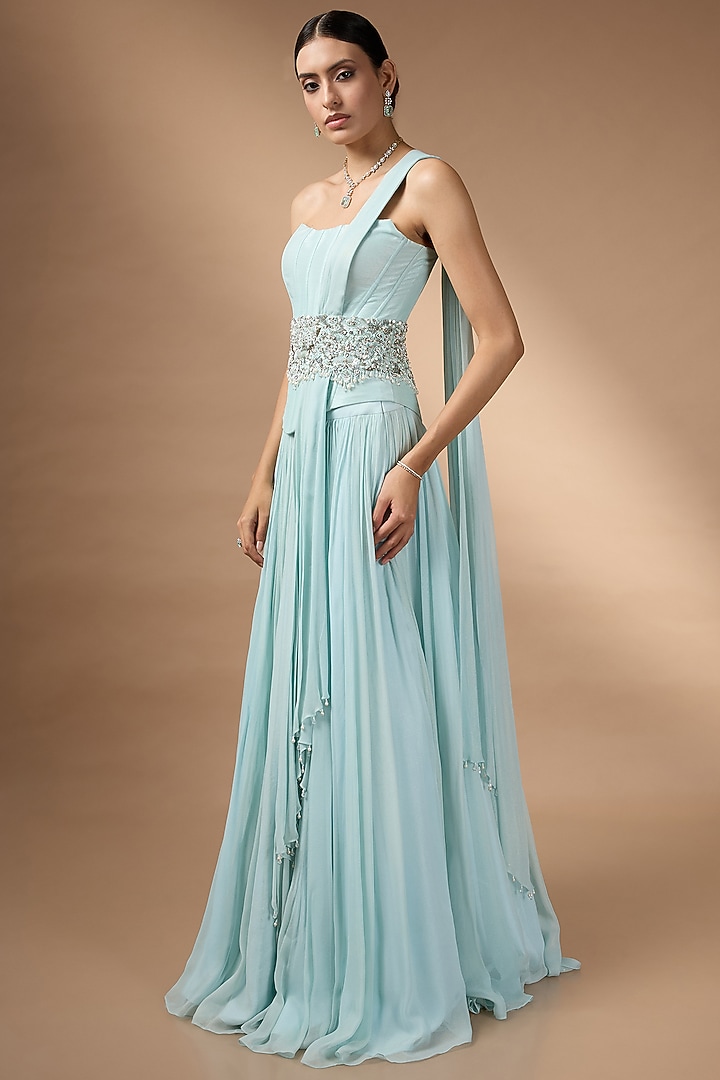Blue Metallic Georgette Embroidered Pleated Skirt Set by Rocky Star at Pernia's Pop Up Shop