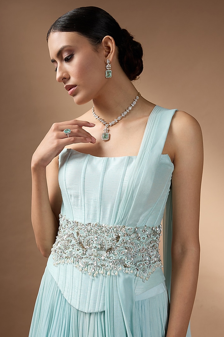 Blue Metallic Georgette Embroidered Pleated Skirt Set by Rocky Star at Pernia's Pop Up Shop