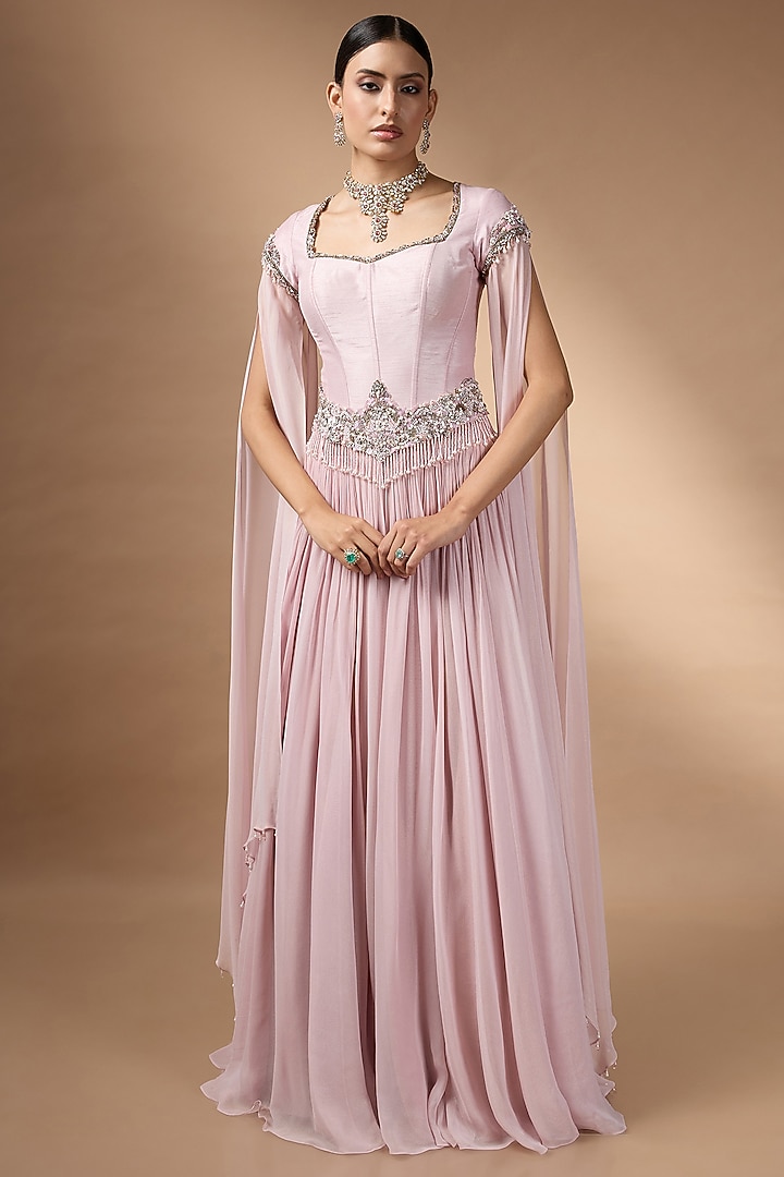 Pink Metallic Georgette Pleated Skirt Set by Rocky Star at Pernia's Pop Up Shop