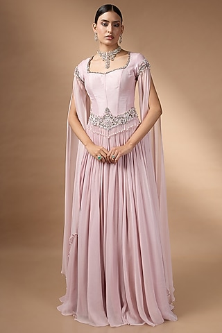 Pink Metallic Georgette Pleated Skirt Set by Rocky Star