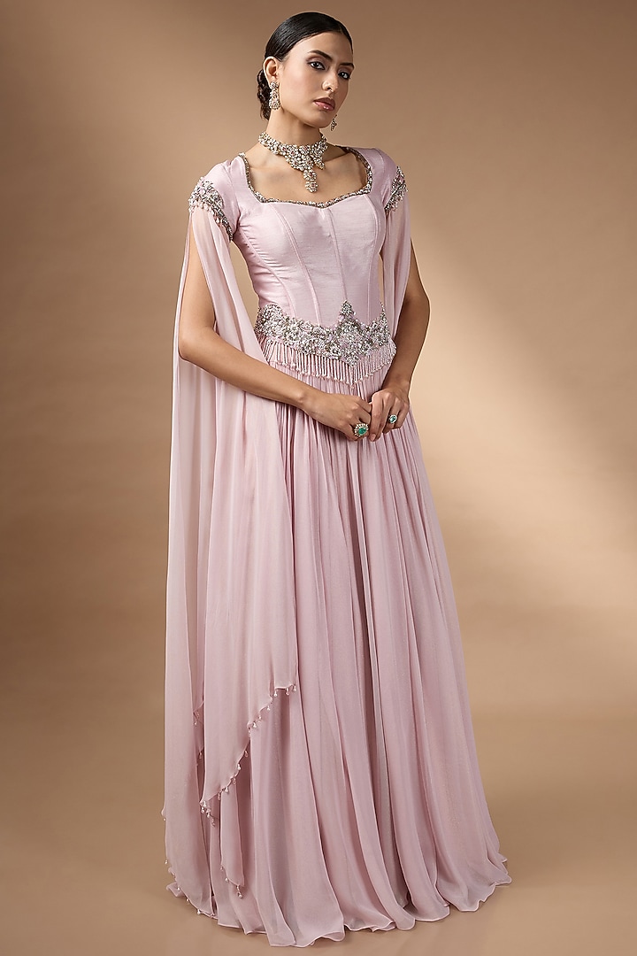 Pink Metallic Georgette Pleated Skirt Set by Rocky Star at Pernia's Pop Up Shop
