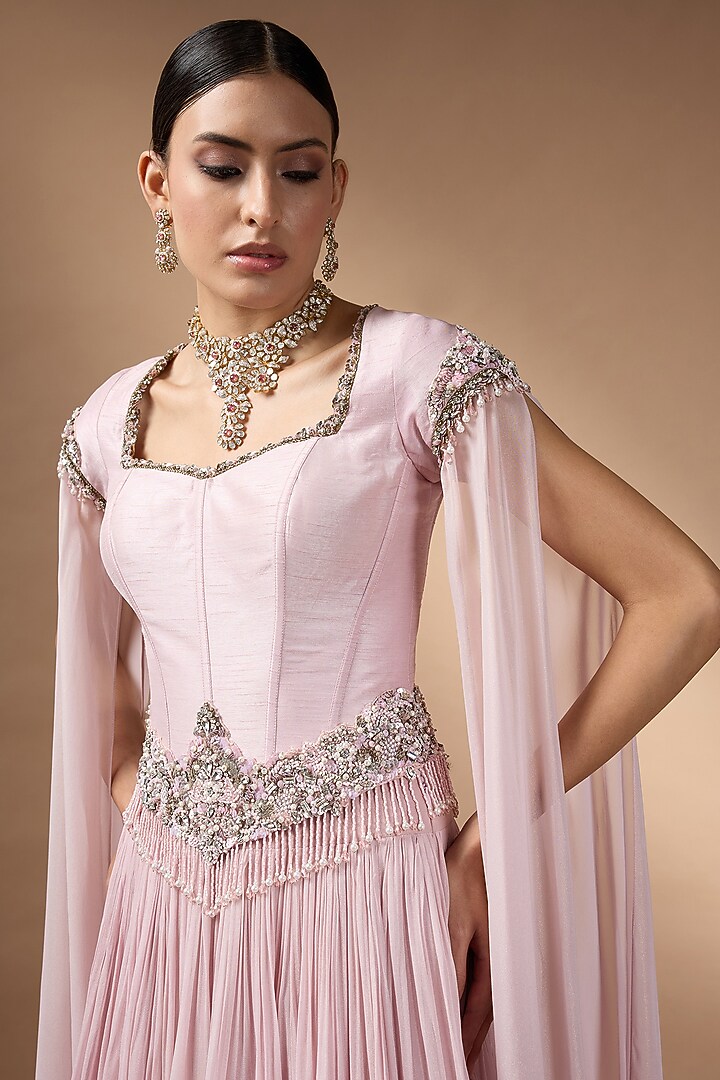 Pink Metallic Georgette Pleated Skirt Set by Rocky Star at Pernia's Pop Up Shop