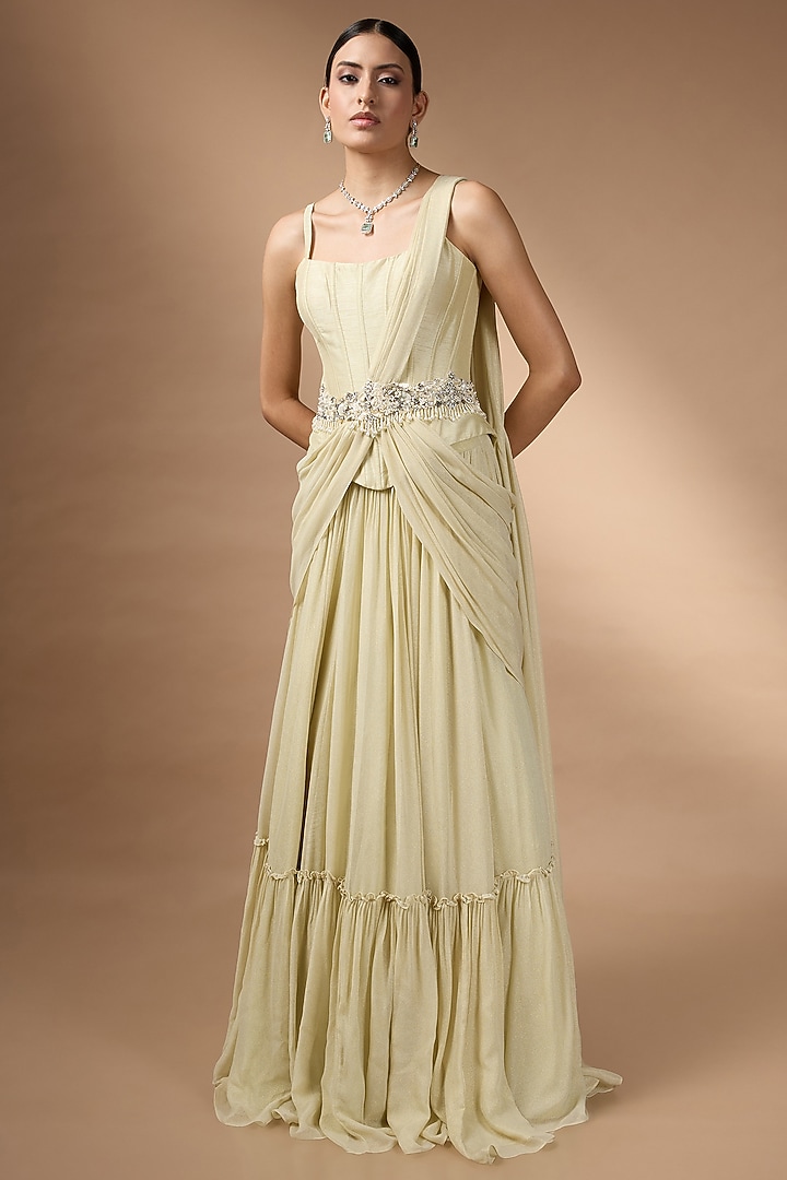 Yellow Metallic Georgette Pleated Skirt Set by Rocky Star at Pernia's Pop Up Shop
