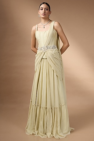 Yellow Metallic Georgette Pleated Skirt Set by Rocky Star