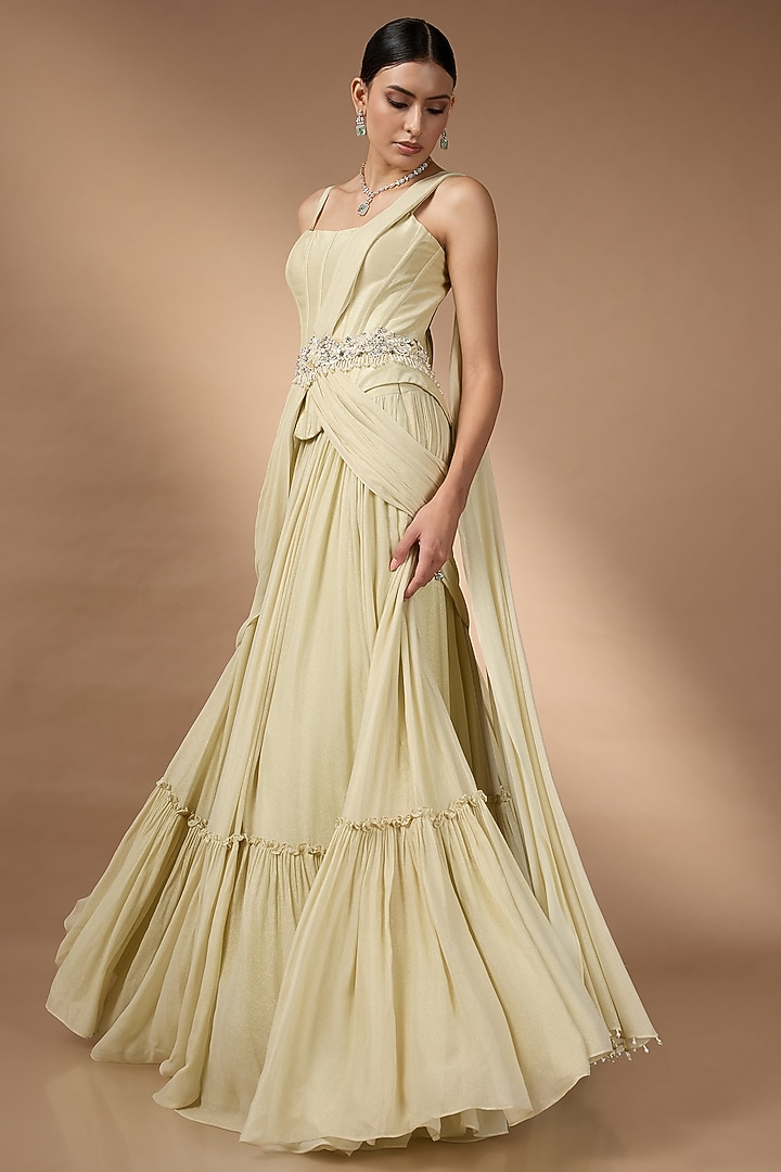 Yellow Metallic Georgette Pleated Skirt Set by Rocky Star at Pernia's Pop Up Shop