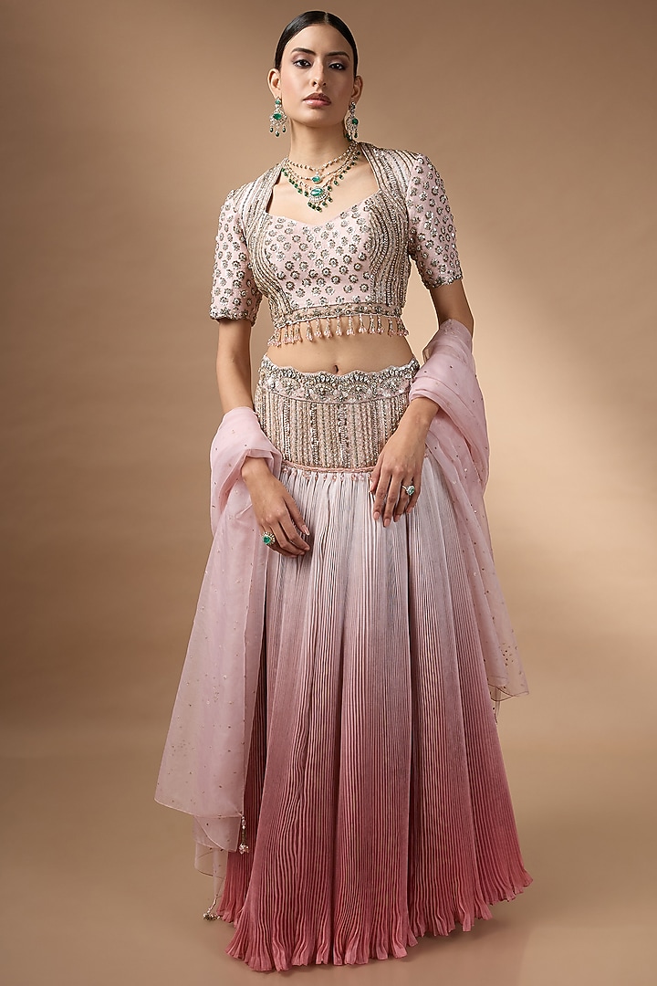 Soft Pink Raw Silk Embroidered Pleated Wedding Lehenga Set by Rocky Star at Pernia's Pop Up Shop