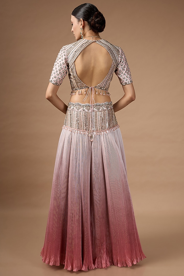 Soft Pink Raw Silk Embroidered Pleated Wedding Lehenga Set by Rocky Star at Pernia's Pop Up Shop