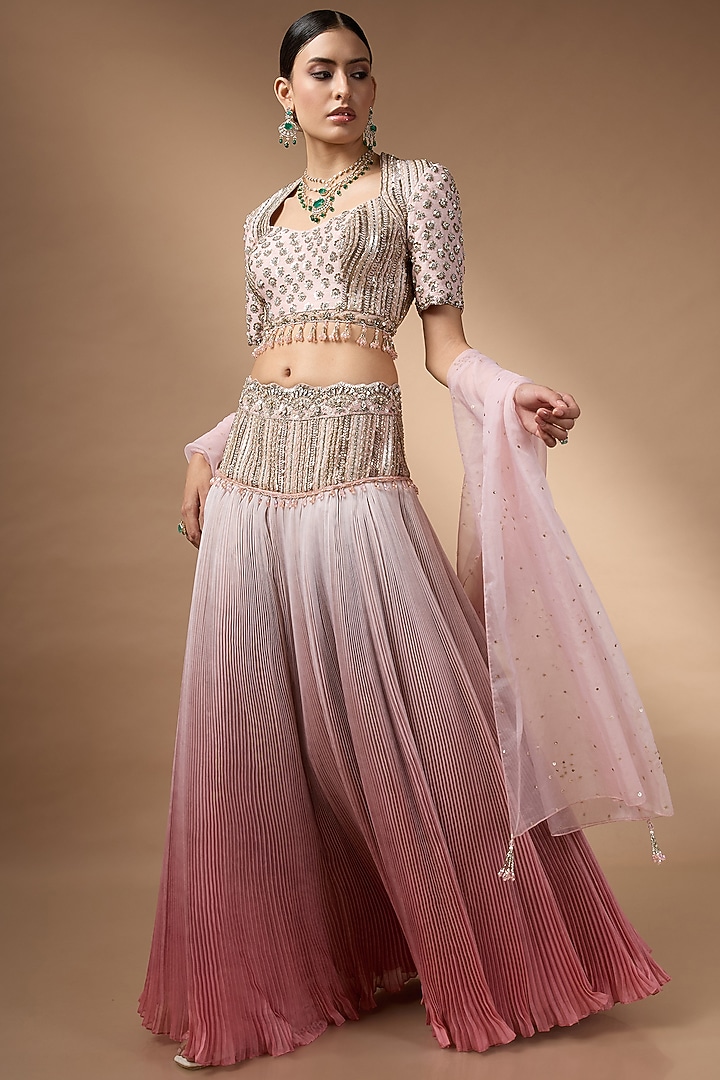 Soft Pink Raw Silk Embroidered Pleated Wedding Lehenga Set by Rocky Star at Pernia's Pop Up Shop