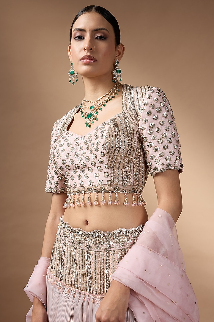 Soft Pink Raw Silk Embroidered Pleated Wedding Lehenga Set by Rocky Star at Pernia's Pop Up Shop