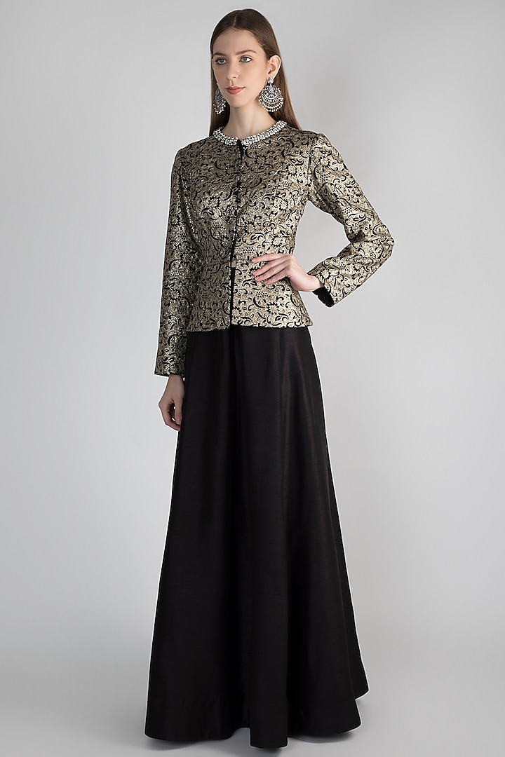 Black Embroidered Jacket With Skirt Design by Rocky Star at Pernia's ...