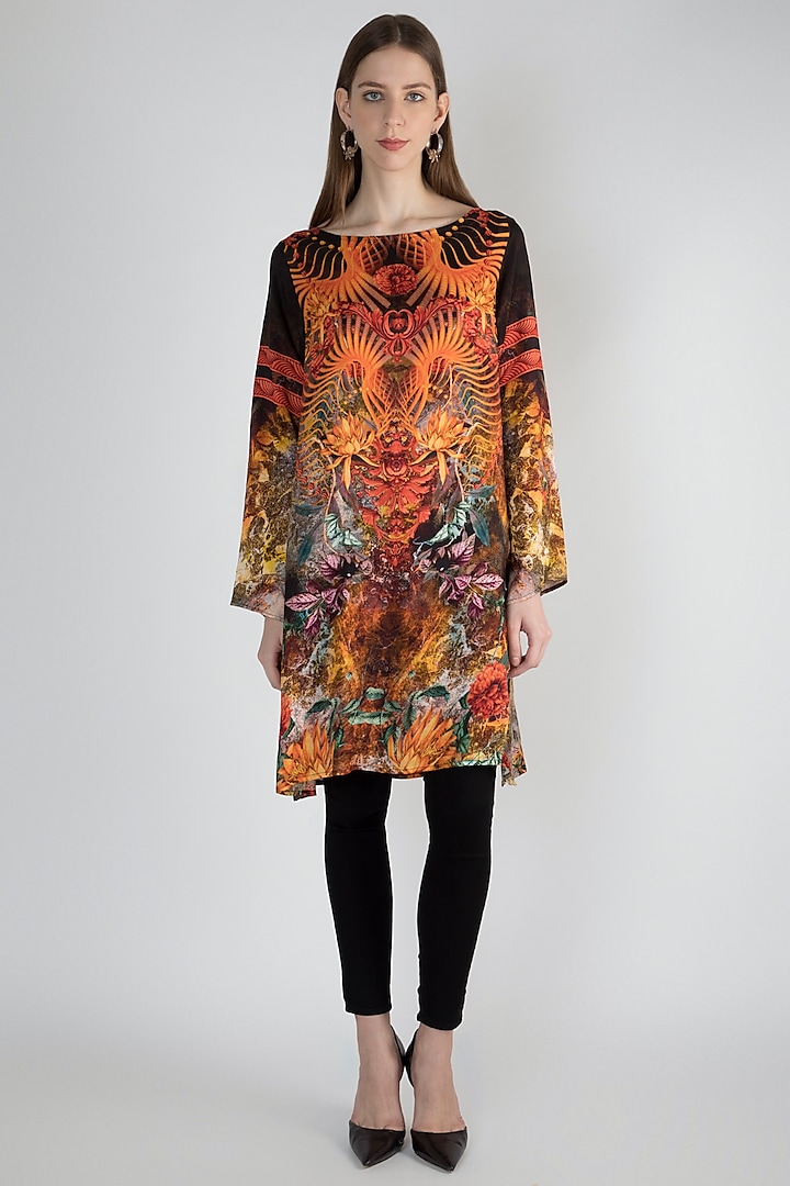 Multi Colored Floral Printed Raw Silk Tunic by Rocky Star