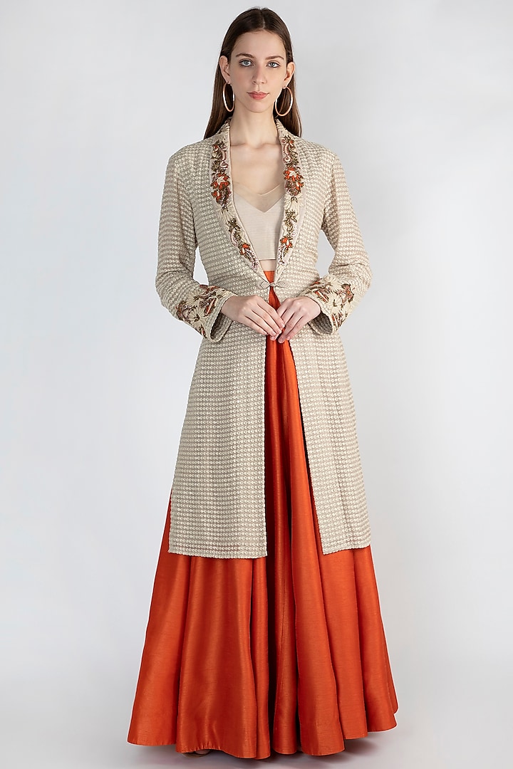 Beige Embroidered Jacket Lehenga Set by Rocky Star
